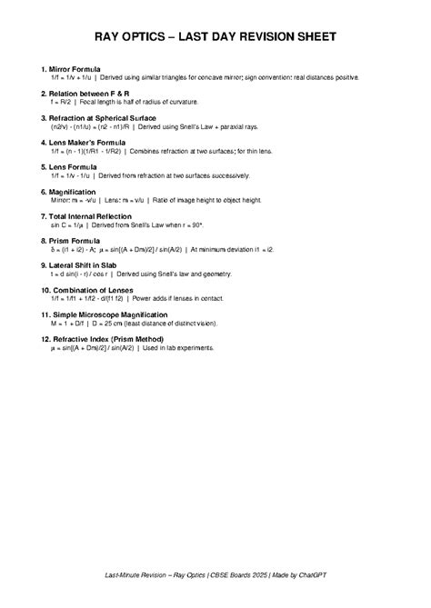 Ray Optics Derivations Summary for CBSE Boards 2025 Revision - Studocu