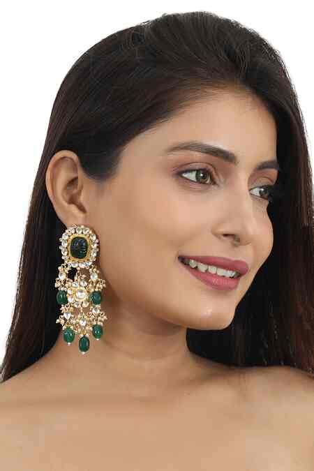 Buy Gold Plated Real Jadtar Stones Floral Embellished Earrings by Riana ...