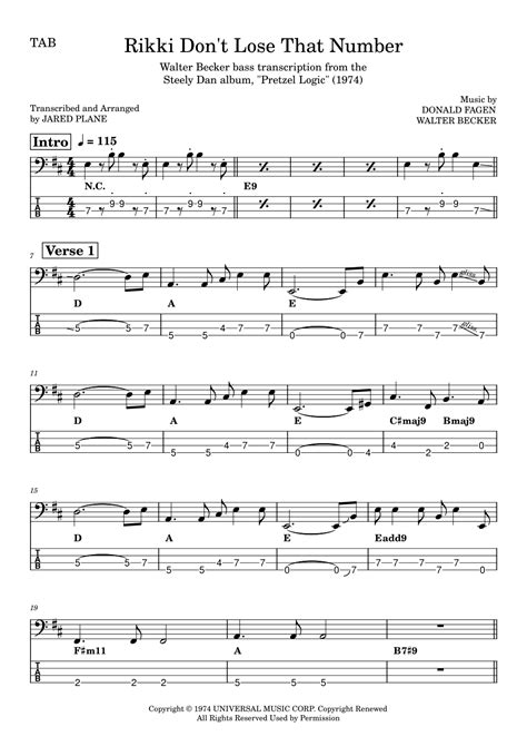 Rikki Don't Lose That Number (arr. Jared Plane) Sheet Music | Steely ...