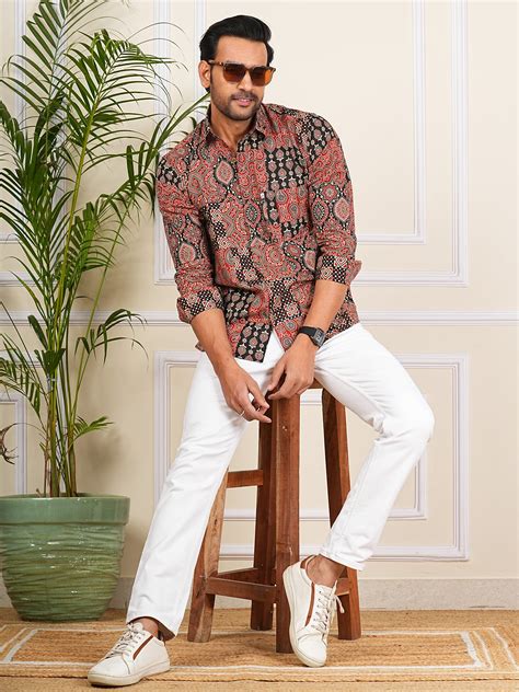 Red And Black Patch Work Printed Full Sleeves Shirt For Men – Jaipuri ...