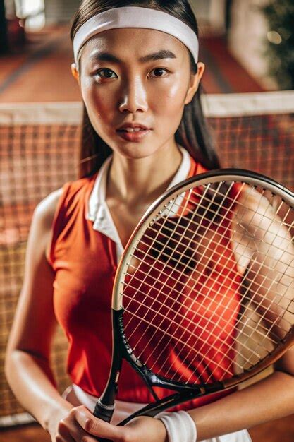 Asian female tennis player with tennis racket | Premium AI-generated image