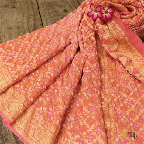 Light Pink-Light Coral Pink Pure Georgette Banarasi Handloom Bandhani ...