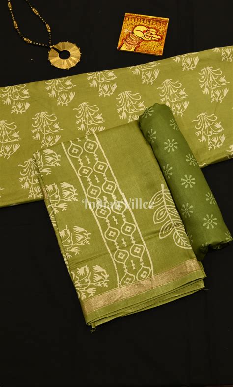 Mehendi Green Block Printed Cotton Suit Sets – IndianVillèz