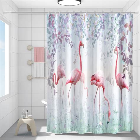 Forest Pink Flamingos Bathroom Shower Curtain Nature Flowers Weeds ...