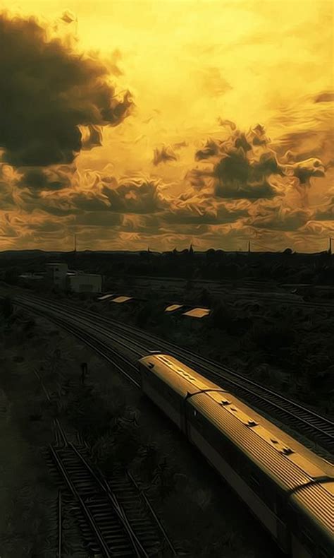 Download wallpaper 480x800 drawing, oil, train, railway, sunset, sky ...