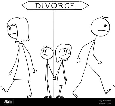 Husband and Wife in Divorce, Children Watching Their Separation, Vector Cartoon Stick Figure ...