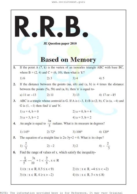 R.R.B. JE 2010 Question Paper: Memory-Based Practice Questions - Studocu