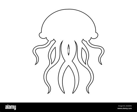 Black outline of Jellyfish with flowing tentacles. Isolated on white background. Oceanic medusa ...
