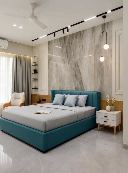 Modern Bedroom with Marble Tile Accent Wall and Grey Glossy Marble ...