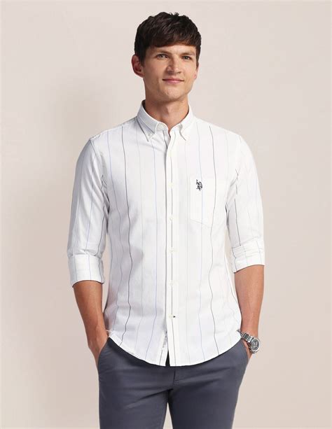 Buy Men Vertical Stripe Cotton Shirt White|U.S. Polo Assn. India