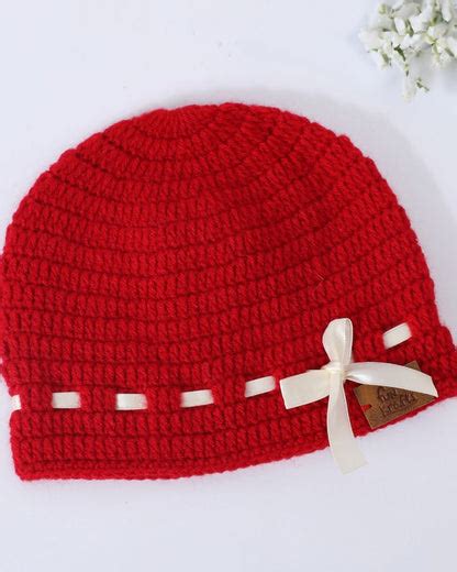 Red Self Design Beanie Handmade Knitted Woollen Cap for Girls & Boys ...