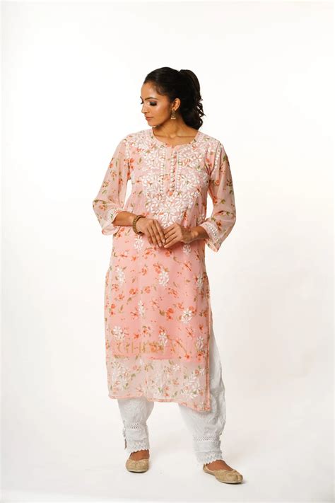 Aadya Chikankari Georgette Floral Printed Kurta – Light Pink – Gharana ...
