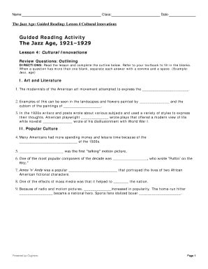 Guided Reading Activity The Jazz Age Lesson 4 Answer Key - Fill and ...