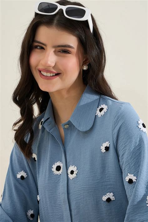 Blue Georgette Rayon Floral Shirt | Embroidered Women’s Top – ASHIN
