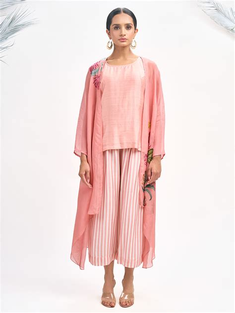 White Pink Printed Cotton Silk Suit- Set of 3