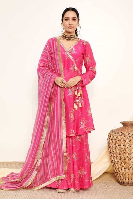 Buy Pink Cotton Silk Printed Floral V Side Tassel Anghrakha Sharara Set ...