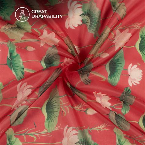Indian Red And Green Foral Printed Organza Satin Fabric – Fabcurate