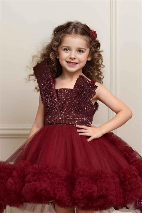 Designer Maroon Sequin Partywear Net Tailback Frock For Girls – Lagorii ...