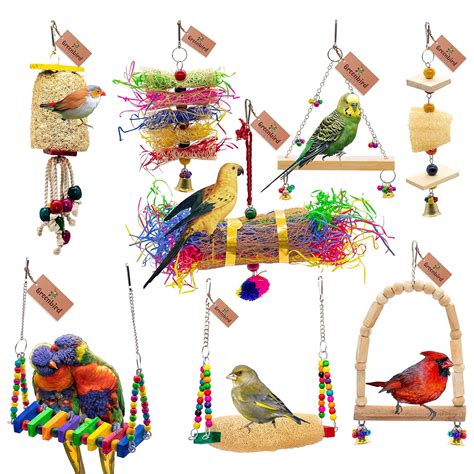 GREENBIRDS 8 Pack Bird Colorful Chewing Toys Perchs, Swings, Ring ...