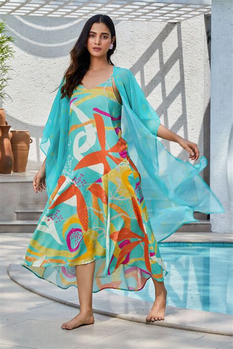 Teal Green Printed A-Line Dress with Shrug at Biba India