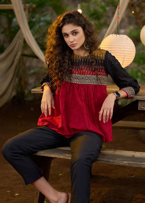 Unique Black & Red top with ikat yoke & hakoba sleeves - Pant Optional ...