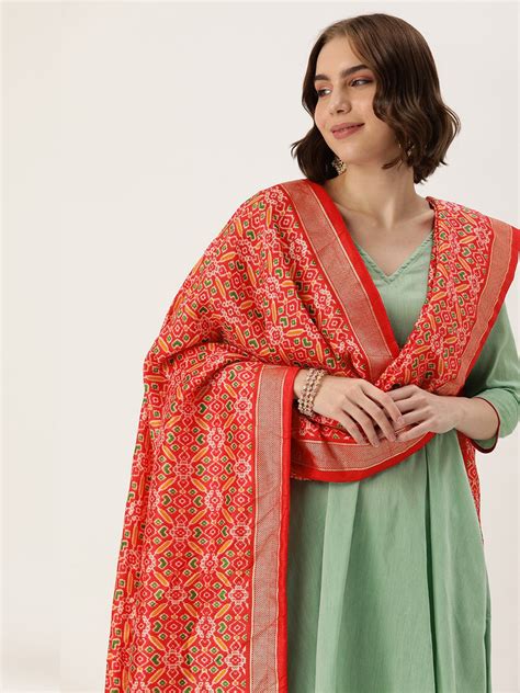 Red Color Tusser Silk Patola Printed Dupatta