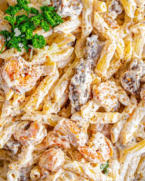 Cajun Shrimp Chicken and Steak Alfredo Pasta - CheekyKitchen