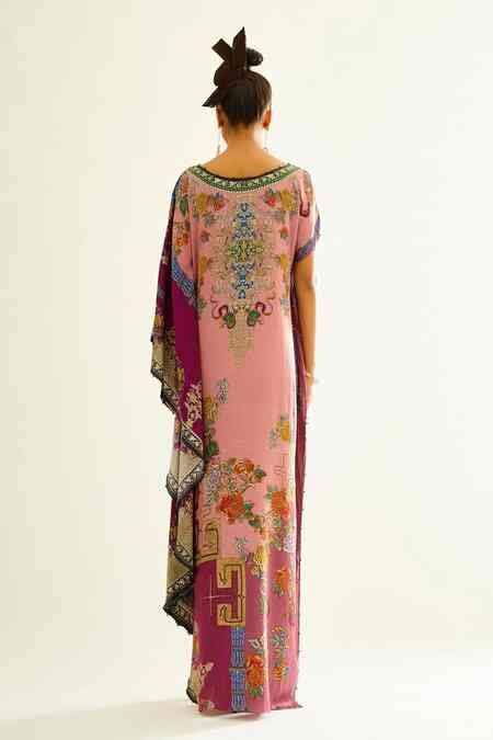 Buy Pink Satin Floral, Geometric Boat Olena Printed Kaftan Dress For ...