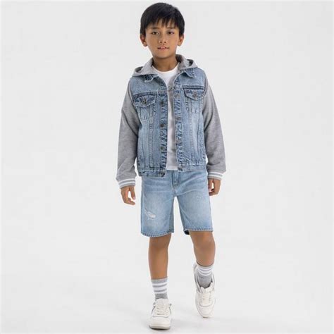Minoti Boys denim jacket fleece sleeves detachable hood light blue ...