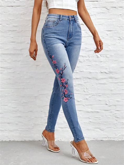 Floral Embroidery Skinny Jeans | SHEIN USA