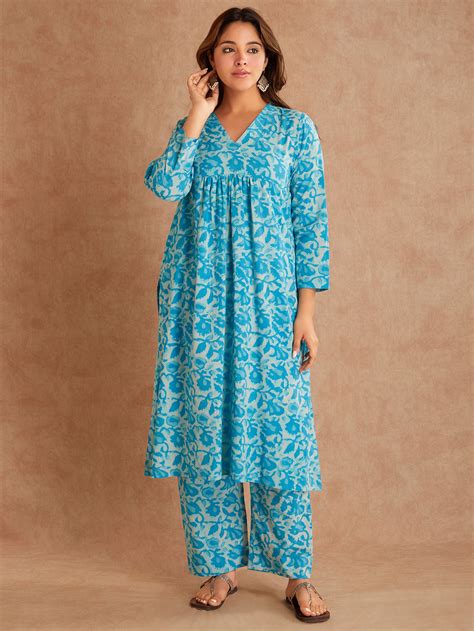 Blue Hand Block Printed Cotton Kurta with Pants- Set of 2