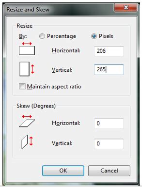 A “Resize and Skew” pop up window will open, as shown on the right: