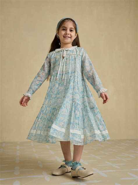 Blue Umbrella Little Dress | Floral Cotton Kids Dress with Collar | Buna