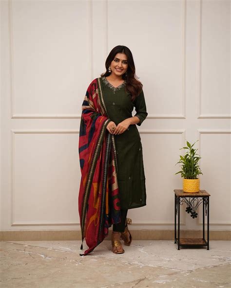 Olive Green Kurti Pant Set with Multicolor Abstract