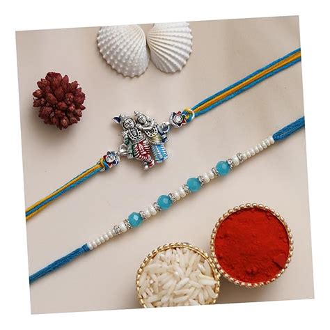 Buy eCraftIndia Set of 2 Radha Krishna & Pearls Designer Rakhis with ...