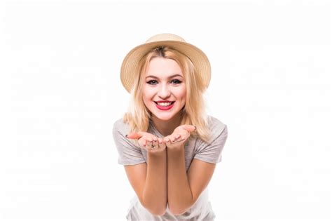 Lovely sexy woman in bright shirt send airkiss | Free Photo