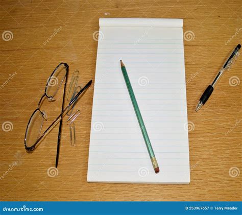 Desk Top with Pen and Paper Plus Pencile Stock Image - Image of inkpen ...