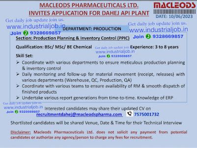 Macleods Pharmaceuticals Limited Dahej API plant Job vacancy for ...