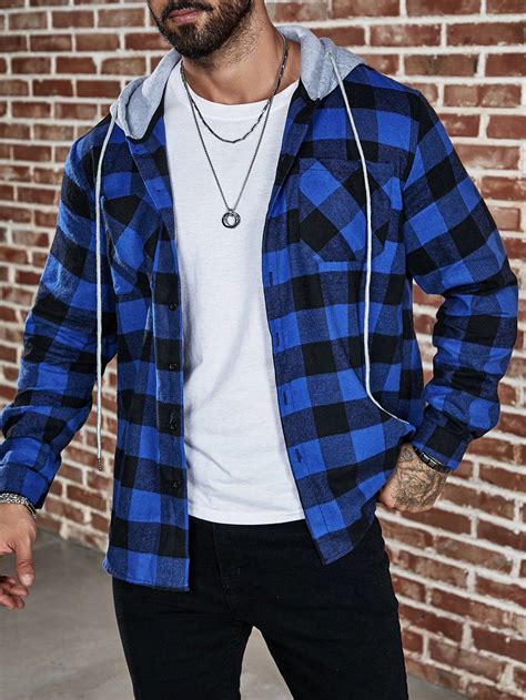Men's Plus Size Plaid Drawstring Hooded Long Sleeve Shirt | Plaid shirt ...