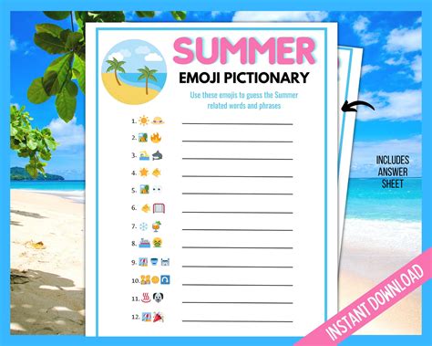 Summer emoji pictionary summer pictionary summer printable games for ...