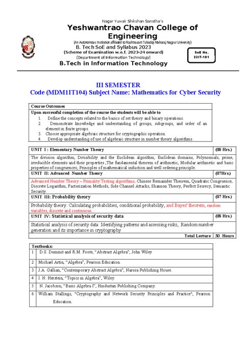 III Semester MDM Matnmatics for Cyber Security - SoE No. 23IT- Nagar ...