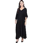 CRAFTBAZAR Women's Boho Embroidered Black Rayon Kaftan Top (Free Size ...