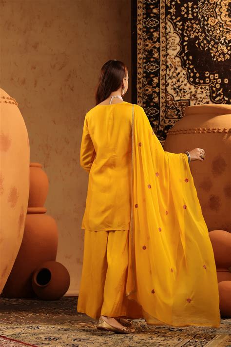 Mustard Russian Silk Embroidered Sharara Suit Set – SCAKHI