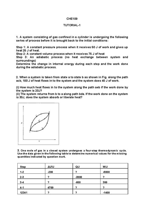 CHE109 Tutorial 1: Thermodynamic Processes and Calculations - Studocu