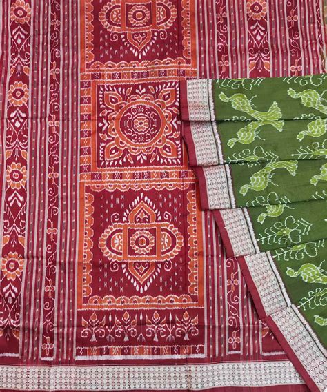Olive green maroon silk handwoven sambalpuri saree – GoSwadeshi