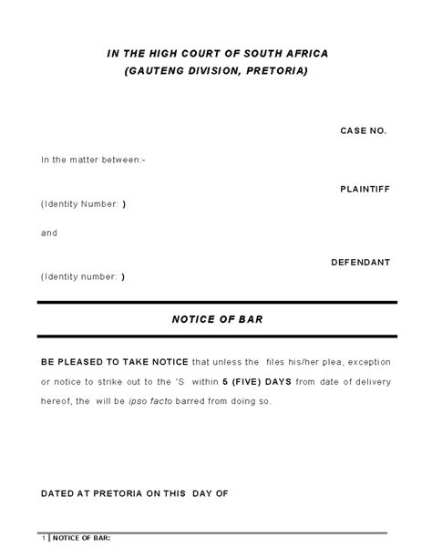 Notice OF BAR Template - IN THE HIGH COURT OF SOUTH AFRICAIN THE HIGH COURT OF SOUTH AFRICA ...
