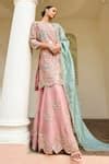 Buy Pink Silk Embroidery Round Neck Floral Vine Zardozi Kurta Sharara ...
