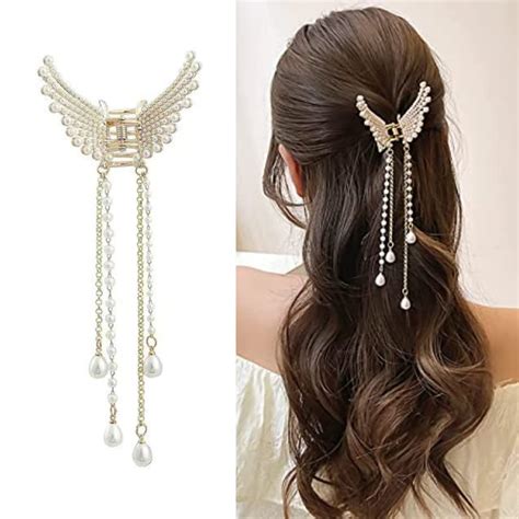 Dazzle Pearl Tassel Butterfly Style Hair Claw Clip Metal Clutcher Claw ...