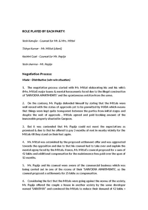 Report Negotiation - ROLE PLAYED BY EACH PARTY: Yash Kanojia - Counsel ...