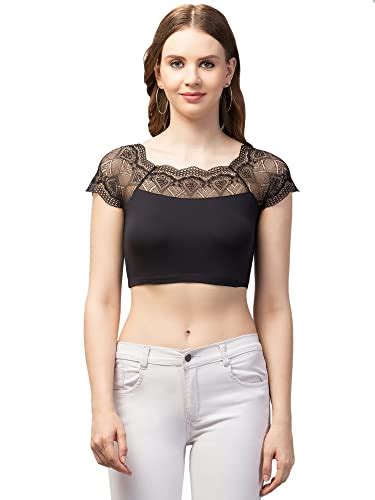 Buy TREND LEVEL Black Solid Crop Top for Women | Black Net Crop Top (S ...